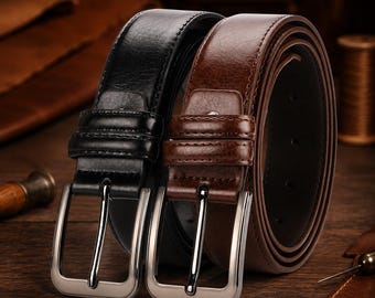 Men’s Leather Belt Set, Black and Brown Pin Buckle Jeans Belts, Gift for Dad
