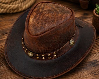 Brown Genuine Leather Cowboy Hat, Shapeable Wide Brim Western Hat for Men and Women