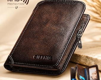 Men's Genuine Leather RFID Blocking Wallet, Vintage Zipper Wallet with Coin Pocket, ID Window & Card Holder
