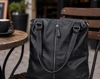 Vintage Black Cowhide Leather Convertible Backpack, Shoulder Bag, Laptop Rucksack