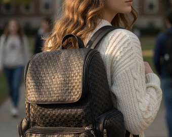 Luxury Black Intrecciato Basketweave Woven Real Leather Backpack - Spacious Designer Laptop Bag Multiple Pockets