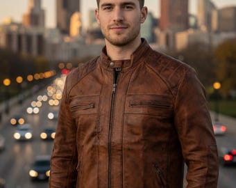 Cognac Waxed Brown Bomber Leather Jacket for Men Handmade Customized