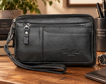 Men’s Leather Clutch, Genuine Cowhide Wristlet Wallet, Wrist Bag for Men, Leather Organizer, Travel Phone Wallet, Gift for Him