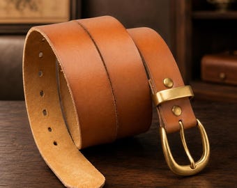 Full Grain Leather Belt, Vintage Cowhide, Copper Alloy Buckle, Unisex Retro Waist Belt