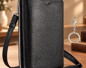 Black Genuine Leather Crossbody Phone Bag, Small Women's Cowhide Phone Purse with Adjustable Strap
