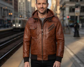 Men's Distressed Leather Hooded Bomber Jacket | Cognac Brown Sheepskin Flight Coat