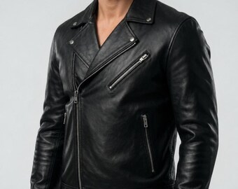 Men's Black Leather Biker Jacket Genuine Top grain Cowhide Asymmetric Zip Classic Brando Motorcycle Coat