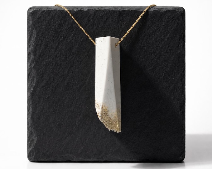 Featured listing image: Minimalist gold necklace with a prismatic pendant in white with gold accents – model “Gylden”