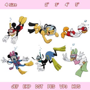 Puede incluir: Seis parches bordados con personajes de Disney haciendo esnórquel o buceo. Mickey, Pluto, Donald, Minnie, Goofy y Daisy llevan equipo de buceo. El texto indica 4 tamaños: 2", 3", 4", 5" y los formatos de archivo JEF, EXP, DST, PES, VP3, HUS.