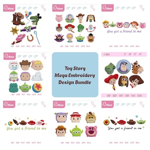 May include: A digital collection of Toy Story embroidery designs featuring various character faces and icons. The bundle includes multiple file formats like JEF, EXP, DST, PES, VP3, and HUS, with text labels indicating 4 sizes ranging from 2 to 9 inches.