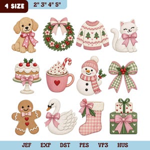 May include: A collection of twelve Christmas-themed embroidery designs including a puppy, wreath, sweater, cat, cake, cocoa, snowman, bow, gingerbread man, swan, stocking, and gifts. Text reads 4 SIZE 2" 3" 4" 5" and JEF EXP DST PES VP3 HUS.