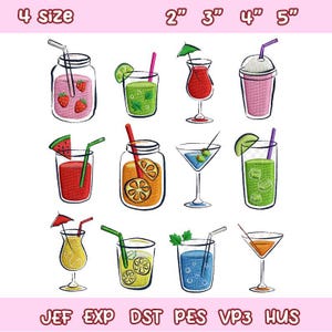 Puede incluir: Diseños de cócteles bordados, con una variedad de bebidas en vasos y tarros, con frutas y pajitas. La imagen incluye texto que indica tamaños, con medidas en pulgadas. Los diseños incluyen una taza de batido y copas de martini.