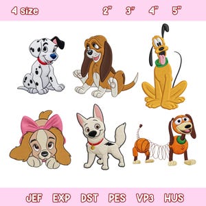 Puede incluir: Diseños de perros bordados en varios tamaños, incluyendo un dálmata, un perro de caza, Pluto, Lady, Bolt y Slinky Dog. La imagen incluye el texto "4 size" y medidas en pulgadas: 2", 3", 4" y 5". La parte inferior de la imagen muestra formatos de archivo.
