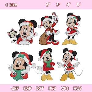 May include: Six embroidered designs of Minnie Mouse in Christmas attire, including a cat, a candy cane, and a sack. The text 4 size 2" 3" 4" 5" appears at the top, and file formats JEF, EXP, DST, PES, VP3, HUS are listed at the bottom.
