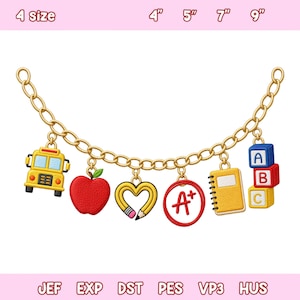 May include: A gold-toned chain featuring six school-themed charms: a yellow school bus, a red apple, a yellow pencil shaped into a heart, a red circle with A+ text, a yellow notebook, and a stack of blue, red, and yellow alphabet blocks. Text indicates 4 sizes: 4", 5", 7", 9".