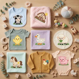 Könnte beinhalten: Eine Sammlung von Babyartikeln, darunter ein hellblaues Lätzchen mit einer Kuh, ein rosa Kapuzenhandtuch mit einer Scheune, ein salbeigrünes Shirt mit einem Küken, ein lila Tuch mit einer Ente, eine runde Matte mit einem Schaf, ein mintfarbenes Tuch mit einem Pferd, eine senfgelbe Strickjacke mit einem Hahn und ein pfirsichfarbener Body mit einem Schwein.