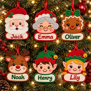 May include: Six embroidered felt Christmas ornaments featuring characters: Santa, Mrs. Claus, a gingerbread person, a reindeer, and two elves. Each ornament has a white name tag with the names Jack, Emma, Oliver, Noah, Henry, and Lily stitched in red or green thread.