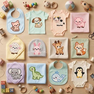 かわいい赤ちゃん動物のパッチワークアップリケ刺繍デザインセット、猫、犬、牛、豚、羊、ウサギ、鹿、恐竜、クジラ、ペンギン（デジタルダウンロード）