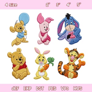 Puede incluir: Seis parches bordados con personajes de dibujos animados que incluyen un oso amarillo con camisa azul, un cerdito rosa, un burro azul, un conejo amarillo con una zanahoria, un tigre naranja a rayas y una criatura amarilla con un globo azul, en tamaños de 2", 3", 4", 5".