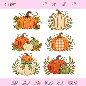 May include: Six embroidered pumpkin designs featuring various autumn themes, including orange, white, and green pumpkins with leaves, acorns, and wheat. The text 4 size 2" 3" 4" 5" appears at the top, and file formats JEF, EXP, DST, PES, VP3, HUS at the bottom.