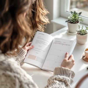 May include: An open PCOS Planner with the title visible on the top of the pages. The planner is held by a person wearing a cream-colored sweater. The planner's pages have a minimalist design with text and space for notes. Small potted plants are in the background.