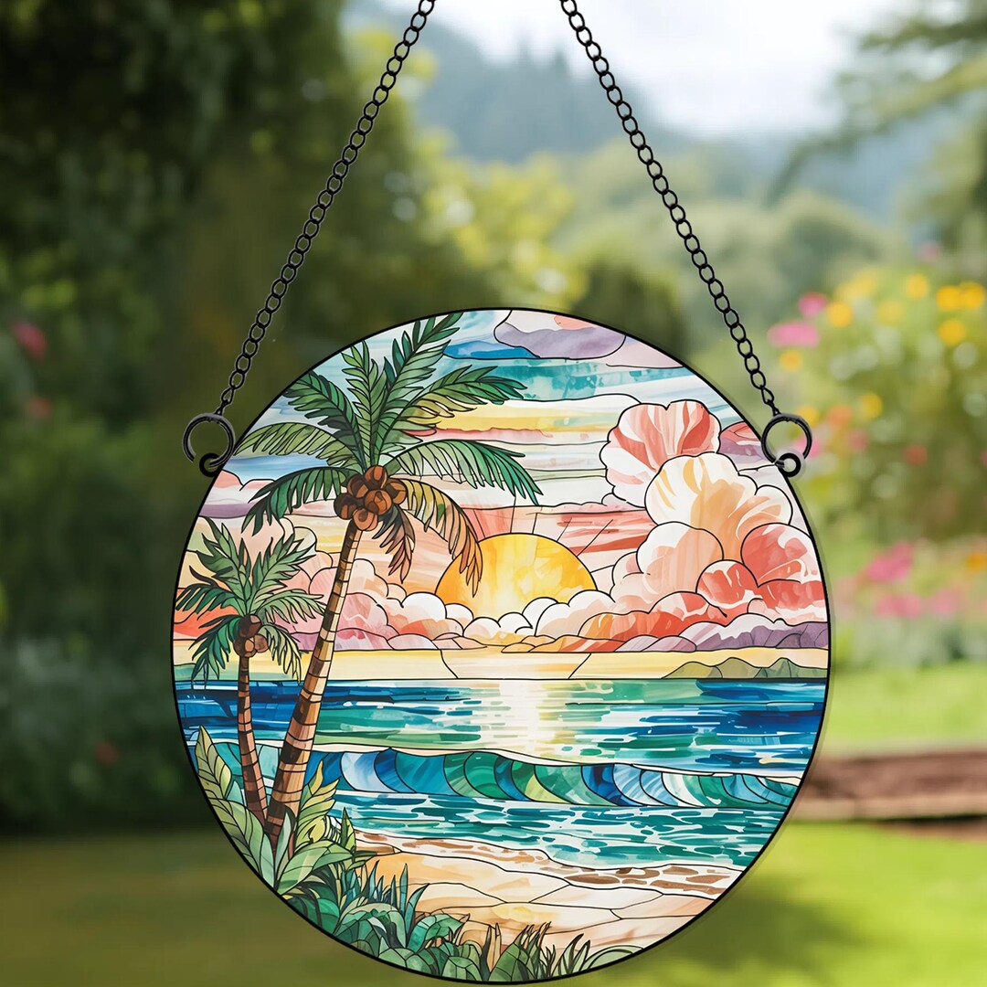 Tropical Beach Palm Trees Stained Glass Suncatcher, Ocean Sunset Window ...