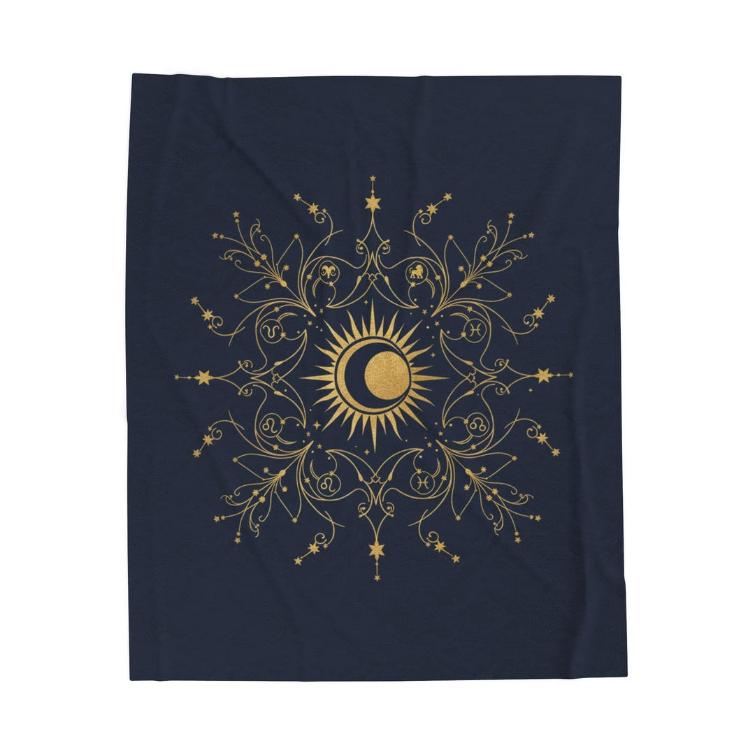 Golden Sun and Moon Mandala Velveteen Blanket Celestial Throw, Boho