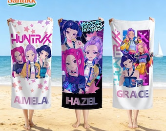 Serviette de plage personnalisée Kpop, serviette de plage Kpop Anime Girl, serviette Huntrix, cadeau pour fan de Kpop, vacances d'été de cousin crew, cadeaux de fête d'anniversaire