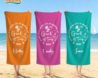 Toalla de playa personalizada para viaje de chicas 2026: regalo para despedida de soltera o dama de honor, toalla tropical con nombre personalizado, toallas de piscina de verano, regalos de cumpleaños y vacaciones.