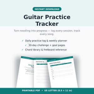 以下が含まれることがあります： 21.59 x 27.94 cmサイズの印刷可能なGuitar Practice Tracker PDF。日々の練習ログ、週間プランナー、30日間のチャレンジ、目標ページ、コードライブラリ、指板リファレンスが含まれており、音楽の進捗状況を記録するためのドキュメントです。