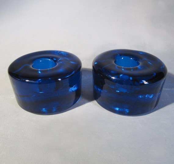 Blenko Round Art Glass Candle Holder No. 990A Blue Etsy