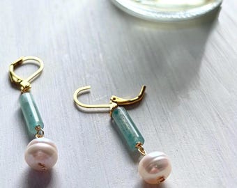 Aventurine and Pearl Earrings, Gold-plated Earrings, gold earrings, Handmade Earrings, Crystal earrings, Pearl earrings, gemstone earrings
