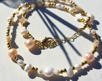 Handmade Freshwater Pearl Necklace, Gold Plated, Clover, Adjustable