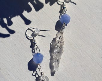 Handmade Aquamarine & Quartz Crystal Earrings, Silver Plated, Wire Wrapped Dangle Earrings, Nickel Free