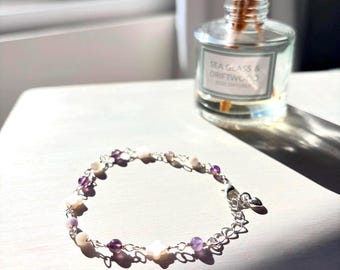 Amethyst Bracelet, Handmade, Clover & Mother of Pearl, Silver Plated