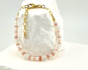 Valentine's Day Bracelet, Handmade Rose Quartz Love Bracelet, White Opal, Pearl, Charged Heart Chakra