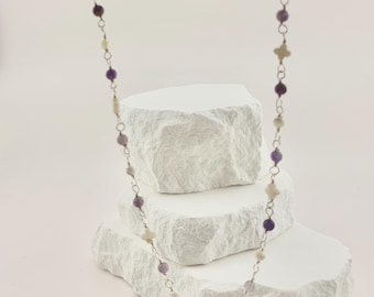 Handmade Amethyst Necklace, Mother of Pearl, Adjustable Silver plated Chain