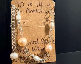 Handmade Freshwater Pearl Anklet, Silver Plated, Nickel Free, Adjustable Dainty Jewelry