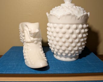Fenton hobnail candy dish and shoe