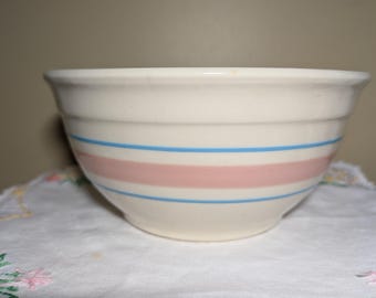 Vintage McCoy pottery blue and pink beehive stoneware bowl~7.5" wide