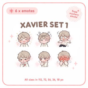 Puede incluir: Un conjunto de seis emoticonos de dibujos animados que representan a un personaje con cabello castaño claro y una sudadera con capucha blanca, cada uno expresando una emoción diferente. Se muestra el texto "XAVIER SET 1", junto con "6 x emotes" y "free mystery emote".