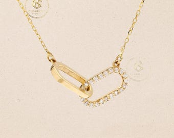 Lab Diamond Link Necklace, Polished Gold Pavé Chain, Modern Minimalist Pendant