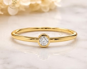 Pierścionek z brylantami solitaire w oprawie bezel, minimalistyczna obrączka, różowe złoto Promise