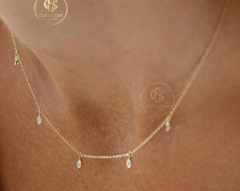 Dainty Marquise Diamond Drop Necklace, Minimalist Gold Station Chain Jewelry