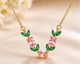 Pink Green Gemstone Floral Necklace, Dainty Gold Leaf Pendant, Nature Inspired Everyday Wear