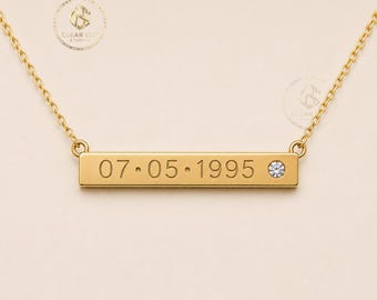 Custom Date Bar Necklace, Diamond Accent, Personalized Anniversary Memorial Jewelry