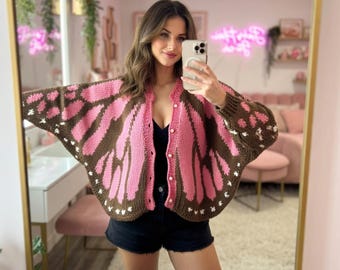 Wzór na szydełkowy kardigan z motylem monarchą w formacie PDF, obszerny sweter ze skrzydłami motyla, przyjazny dla początkujących samouczek krok po kroku, kardigan w stylu boho na szydełku