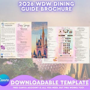 May include: A tri-fold 2026 WDW Dining Guide brochure template featuring a castle illustration, lists of Disney Springs quick service and table service restaurants, character dining options, and park dining information with text in English.