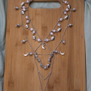 Moonstone Statement Necklace - Layered Silver Chain, Crescent Moon Charms, Whimsigoth Jewelry