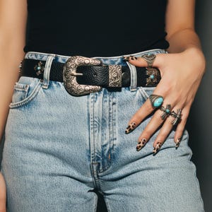 Western Faux Turquoise Rhinestones & Beaded Cross W/ Silver Tone Belt Buckle Amazon.com: M F Western Products M&F Ladies Turquoise Stone  main image 4